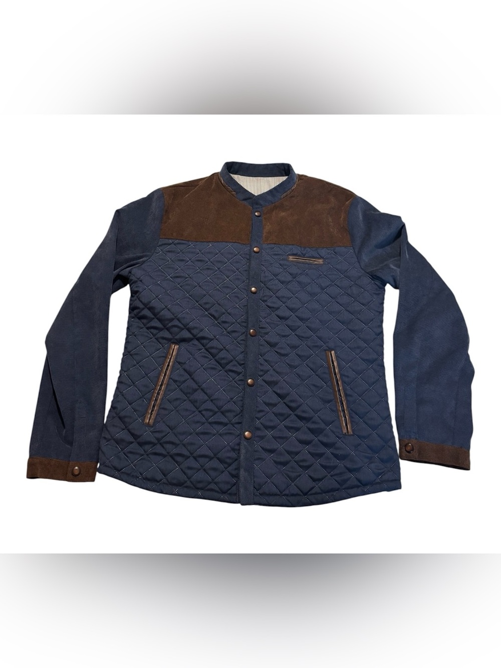 Men's Quilted Navy Jacket with Brown Suede Yoke